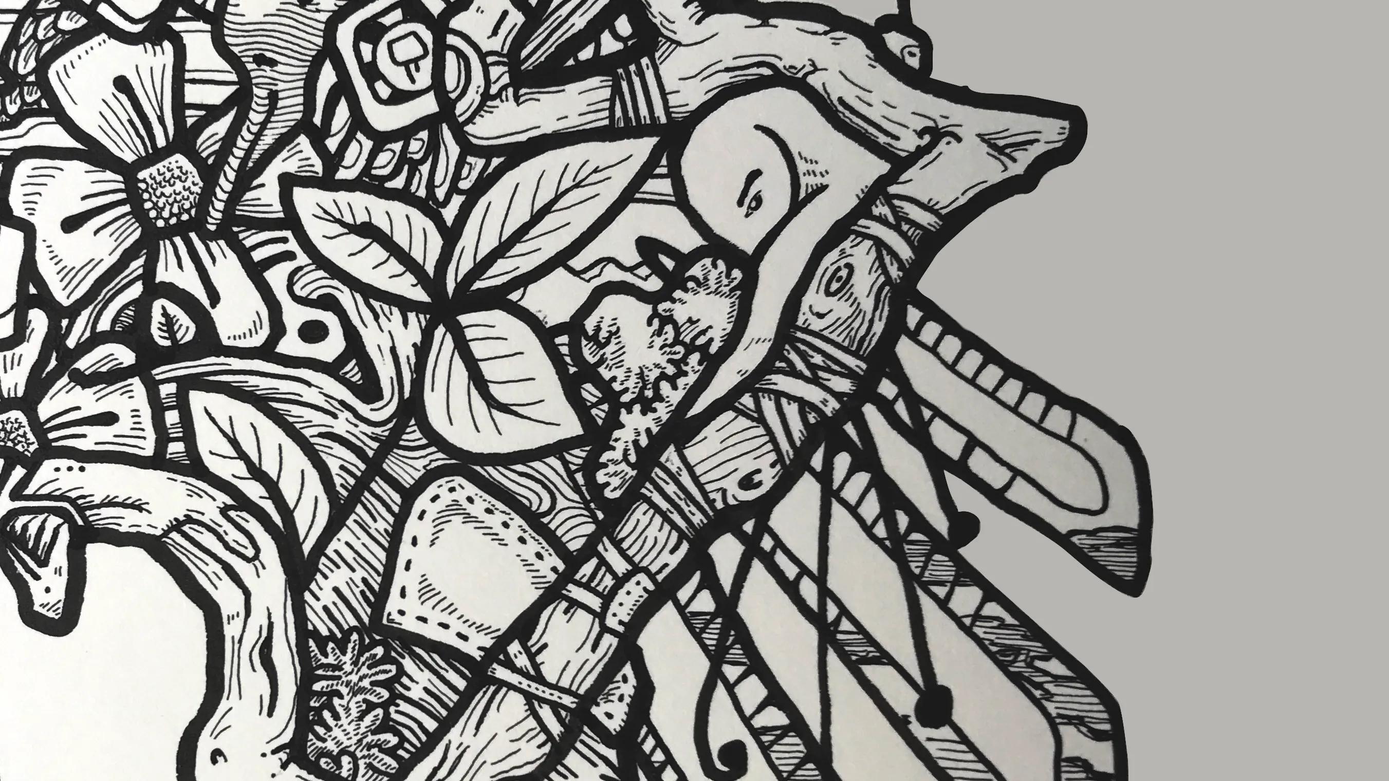 Closely cropped black ink artwork of branches, flowers and masked faces