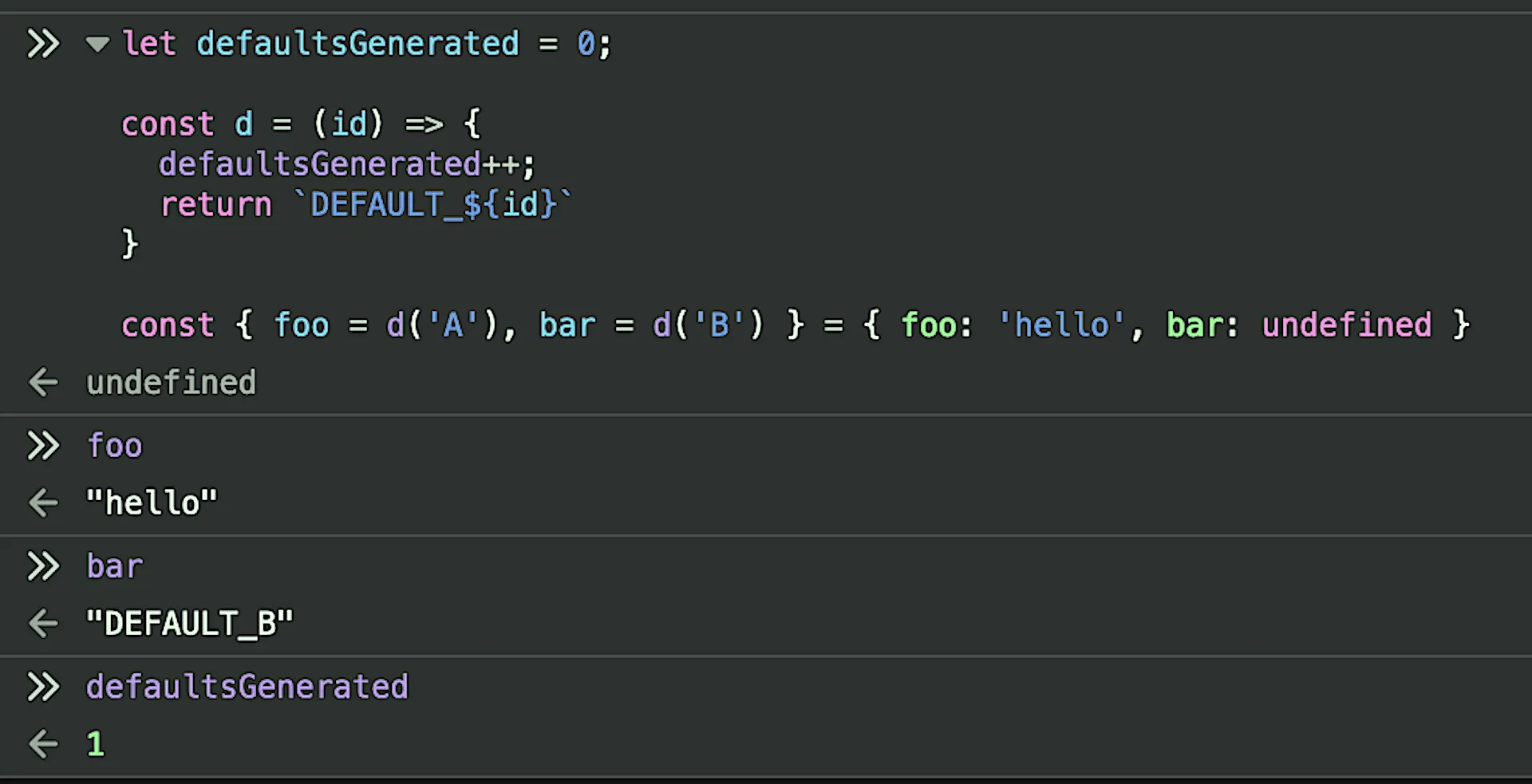 Image of the code example pasted into a Javascript console