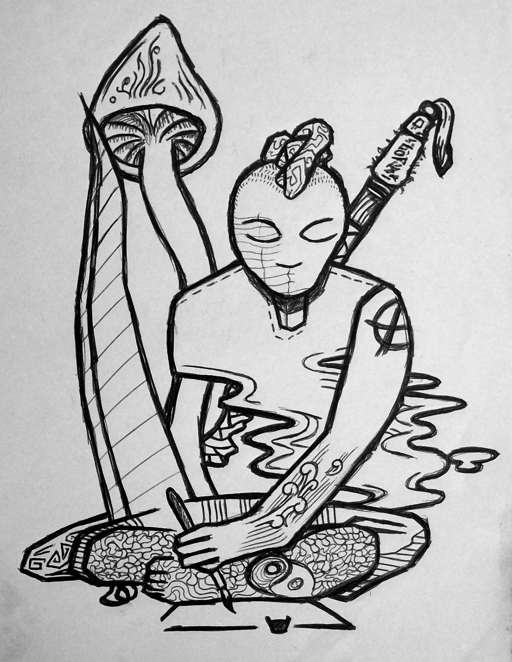 An drawing of me drawing, cross-legged