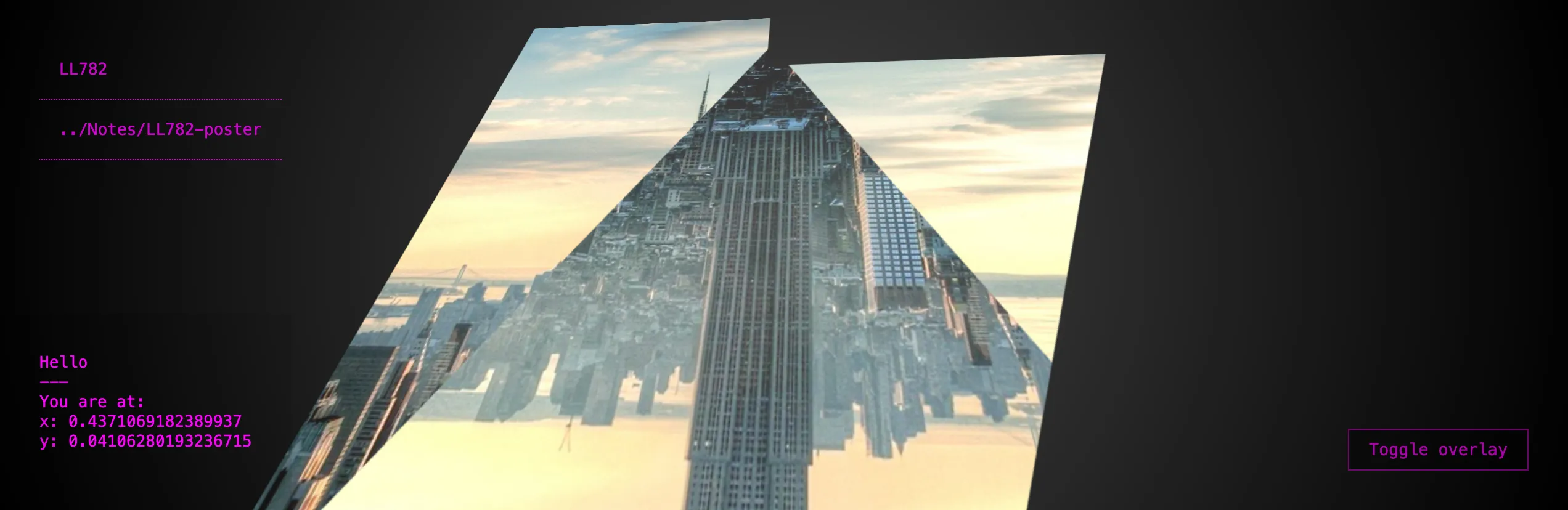 A screenshot of a primitive three dimensional scene lit with pink and green lights