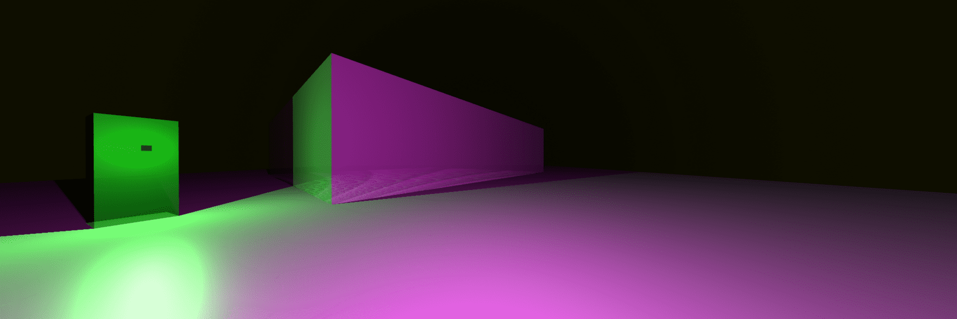 A screenshot of a primitive three dimensional scene lit with pink and green lights