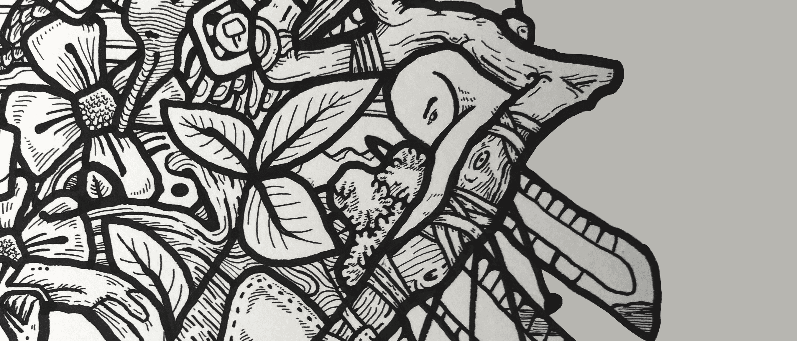 Closely cropped black ink artwork of branches, flowers and masked faces